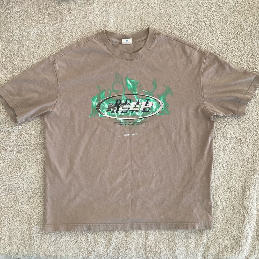 SHEIN Inflation Grey Tee with Green Flames Graphic